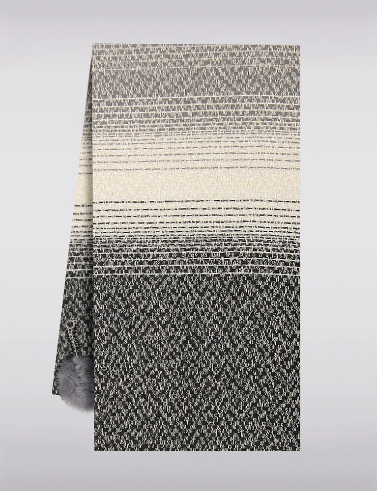 Soft Luxurious Two-Tone Woven Scarf with Removable Genuine Fur Pompoms by Saki