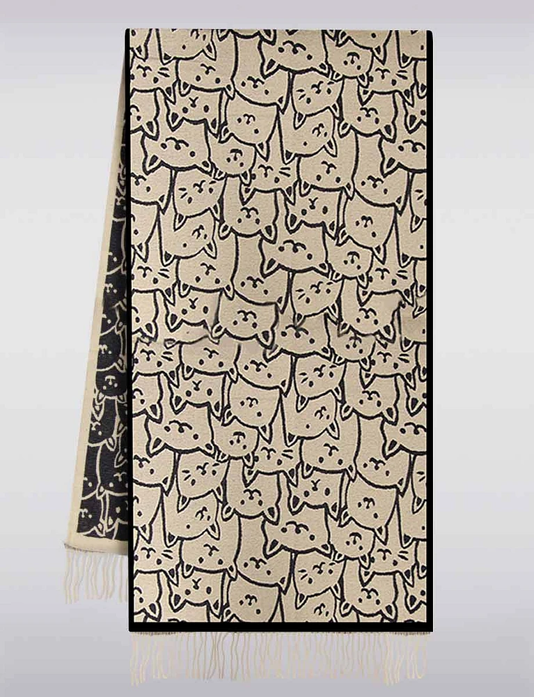 Soft Two-Tone Reversible Scarf  With Fringes & Adorable Cat Print by Saki