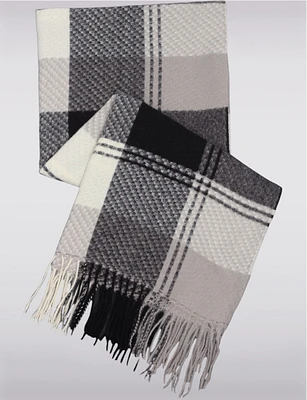 Fringed Bicolore Woven Pattern Plaid Oblong Scarf by Saki