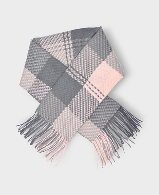 Fringed Bicolore Woven Pattern Plaid Oblong Scarf by Saki