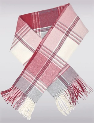 Sleek Soft-Touch Lightweight Plaid Scarf with Fringes by Saki