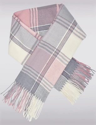 Sleek Soft-Touch Lightweight Plaid Scarf with Fringes by Saki