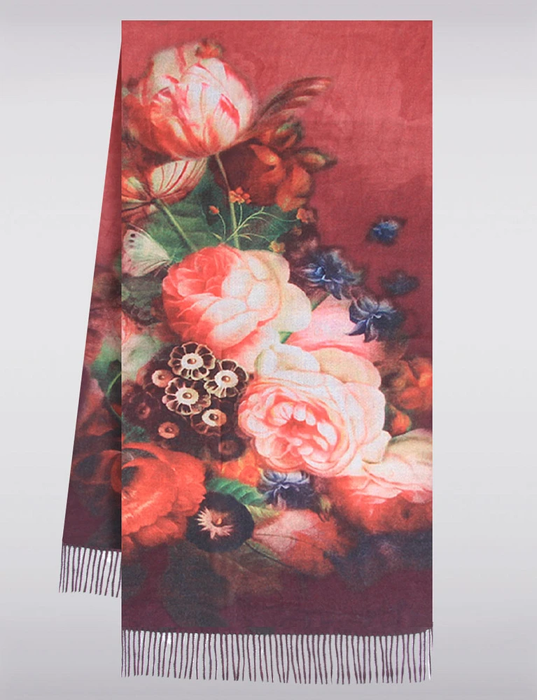 Sleek Floral & Solid Reversible Design Shawl Scarf with Delicate Fringe by Saki