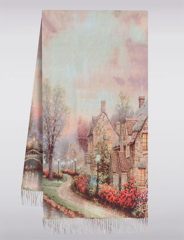 Sleek Artistic Scenery & Solid Reversible Design Shawl Scarf with Fringe by Saki