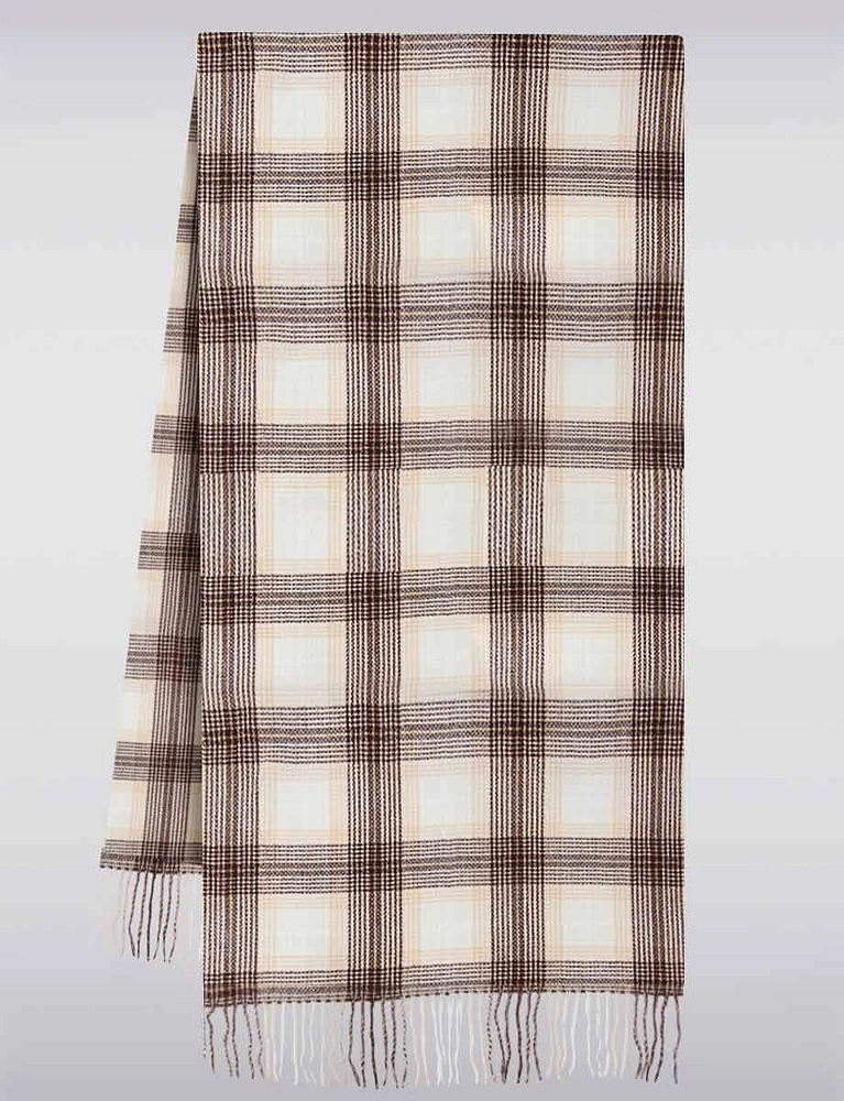 Soft Lightweight Woven Plaid Scarf with Fringes & Metallic Gold Accents by Saki