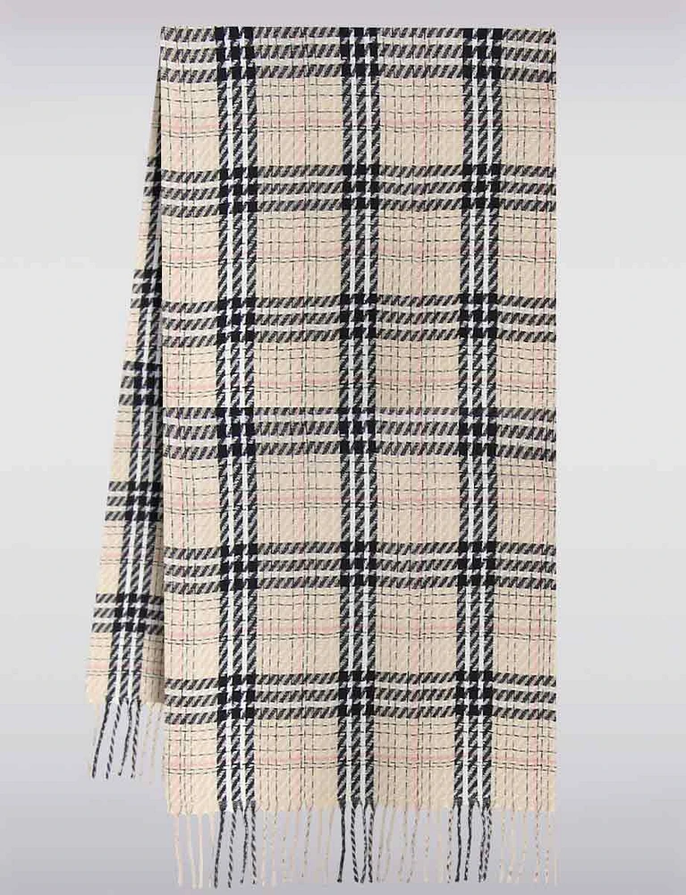 Soft Touch Cozy Plaid Woven Scarf with Fringes on Both Sides by Saki