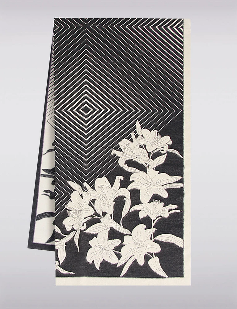 Soft Reversible Fringed Scarf with a Patchwork of Lines & Floral Prints by Saki