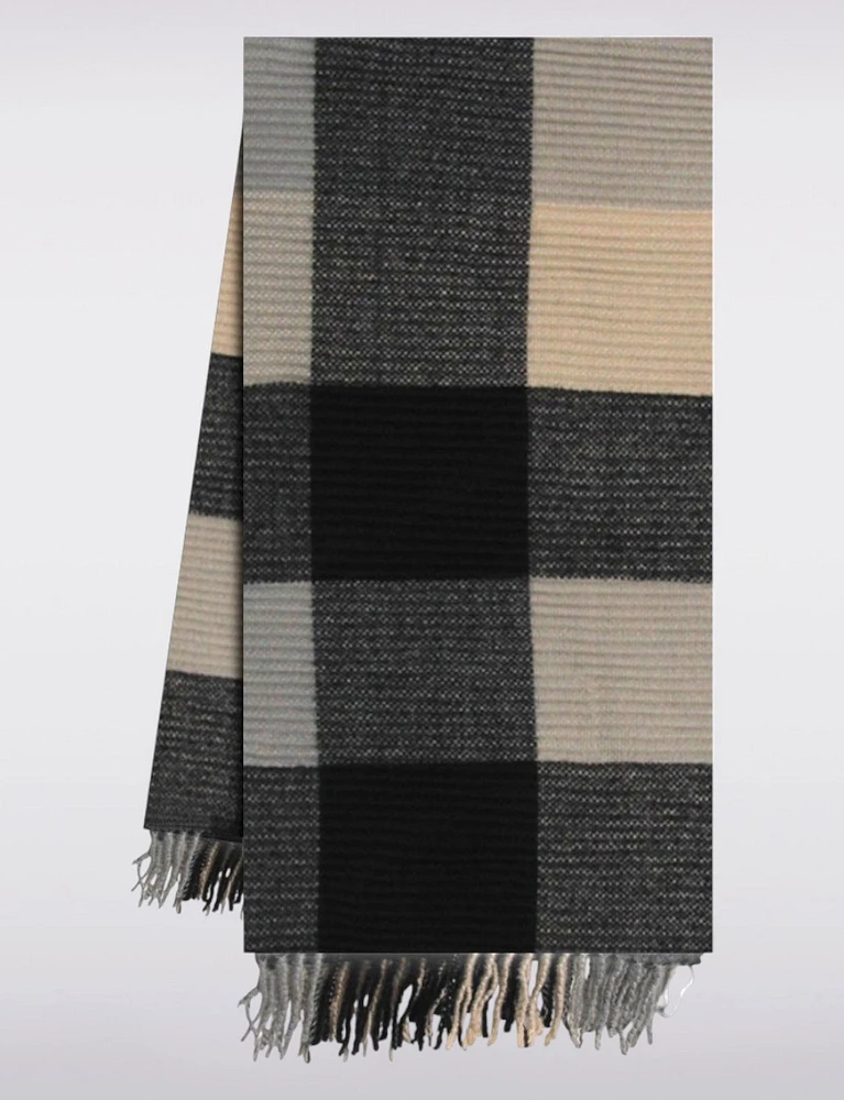 Cozy Black Cotton-Blend Plaid Scarf with Pleated Design and Fringes by Saki