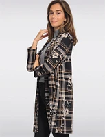 Open Drape Plaid Floral Design Lightweight Sweater-Knit Maxi Cardigan by Vamp