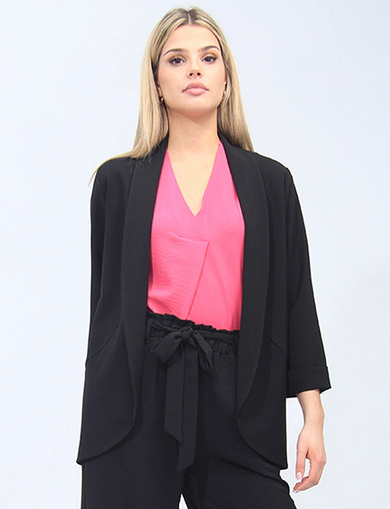 Open Front Draped Collar Three-quarter Cuff Sleeves Stretch Blazer By Vamp