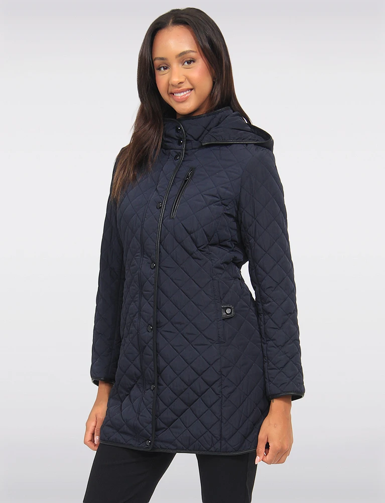 Vegan Quilted Detachable Hooded Parka Jacket Adjustable Waist Tabs By Northside