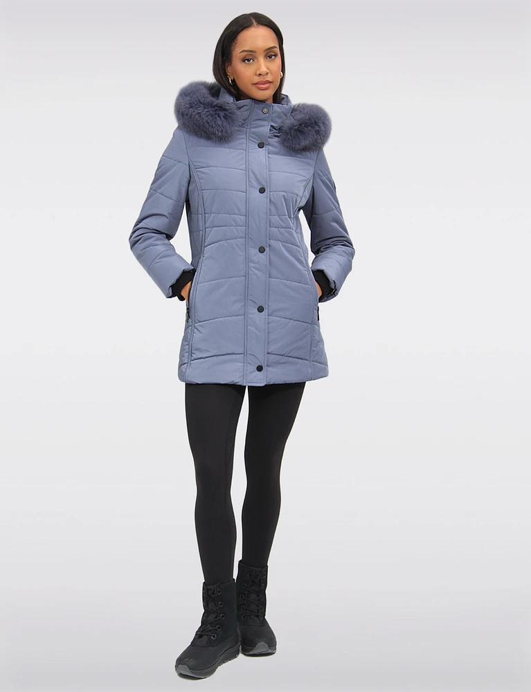 Hooded Satin Finish Eco-Down Puffer Jacket with Removable Fur Trim by Northside