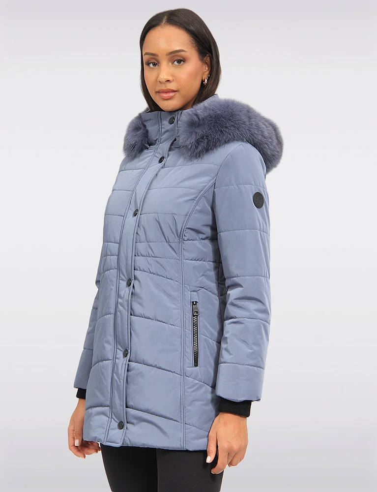 Hooded Satin Finish Eco-Down Puffer Jacket with Removable Fur Trim by Northside