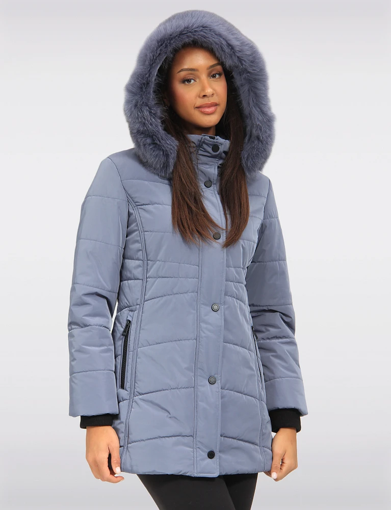 Hooded Satin Finish Eco-Down Puffer Jacket with Removable Fur Trim by Northside