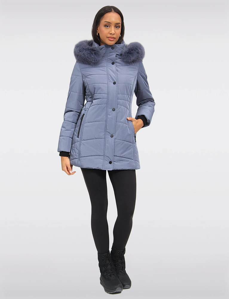 Hooded Satin Finish Eco-Down Puffer Jacket with Removable Fur Trim by Northside