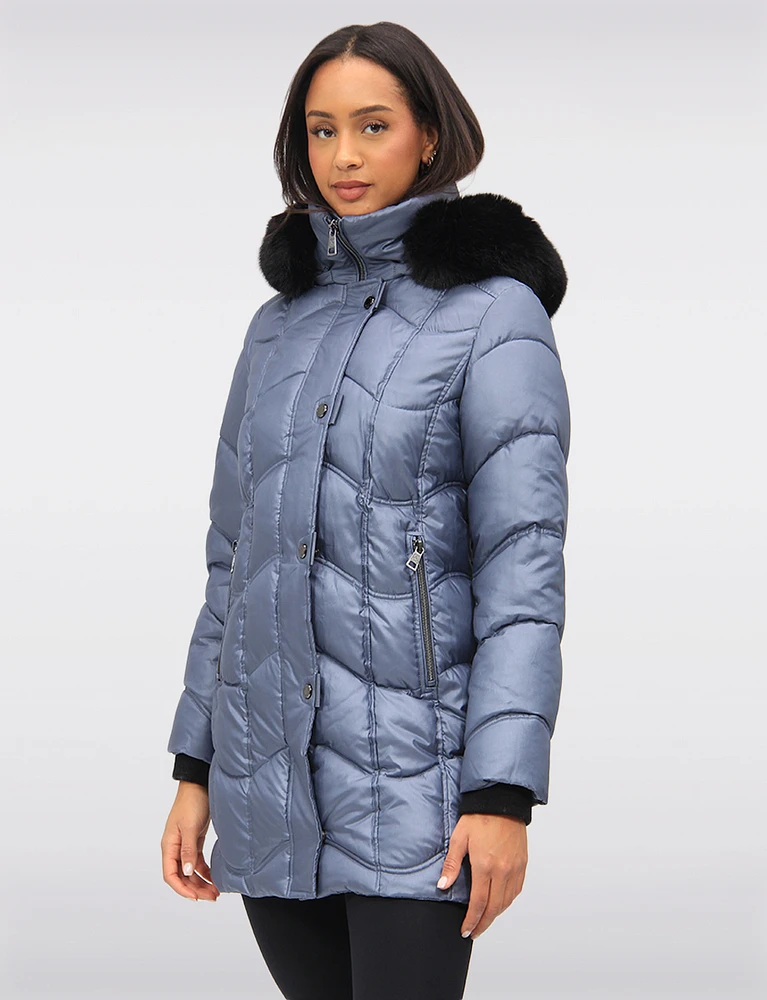 Vegan Wavy Quilted Parka Detachable Faux Fur Trimmed Hood by Northside