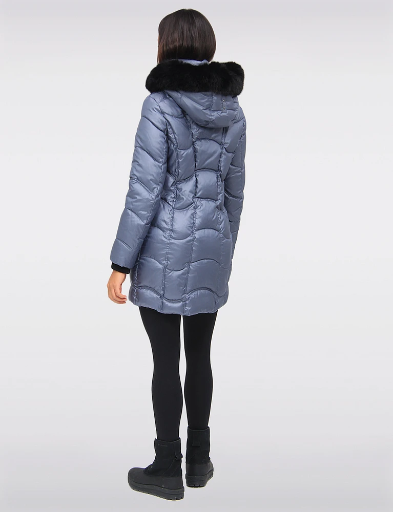 Vegan Wavy Quilted Parka Detachable Faux Fur Trimmed Hood by Northside