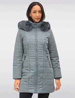 Vegan Quilted Two-textured Faux Fur Trimmed Hooded Coat by Northside