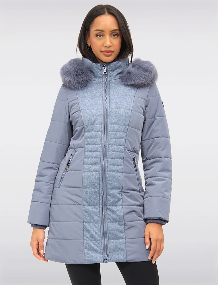 Vegan Quilted Two-textured Faux Fur Trimmed Hooded Coat by Northside