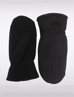 Solid Black Quilted Mittens With Faux Fur Lining by Saki