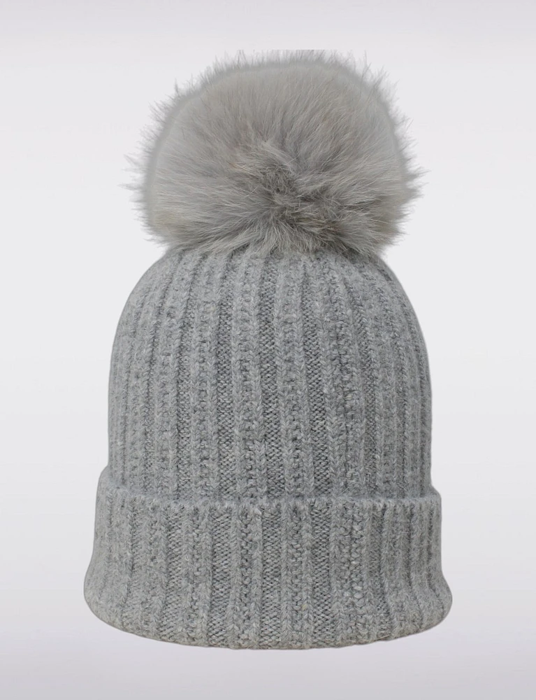 Solid Ribbed Knit Beanie with Detachable Genuine Fur Pom Pom by Sokos