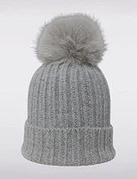 Solid Ribbed Knit Beanie with Detachable Genuine Fur Pom Pom by Sokos