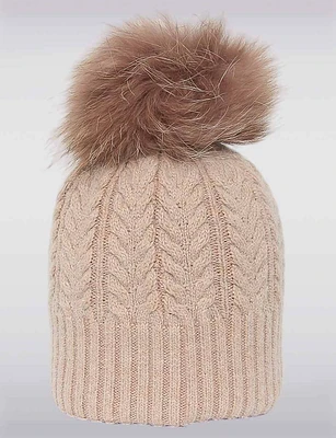 Timeless Winter Cable Knit Beanie with Detachable Genuine Fur Pom-Pom by Sokos