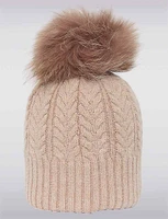 Timeless Winter Cable Knit Beanie with Detachable Genuine Fur Pom-Pom by Sokos