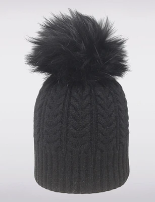 Timeless Winter Cable Knit Beanie with Detachable Genuine Fur Pom-Pom by Sokos