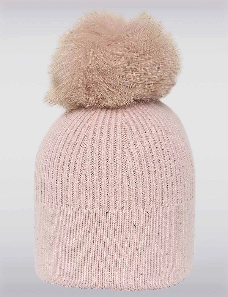 Chic Stretch Knit Beanie with Rhinestones & Detachable Real Fur Pom-Pom by Sokos