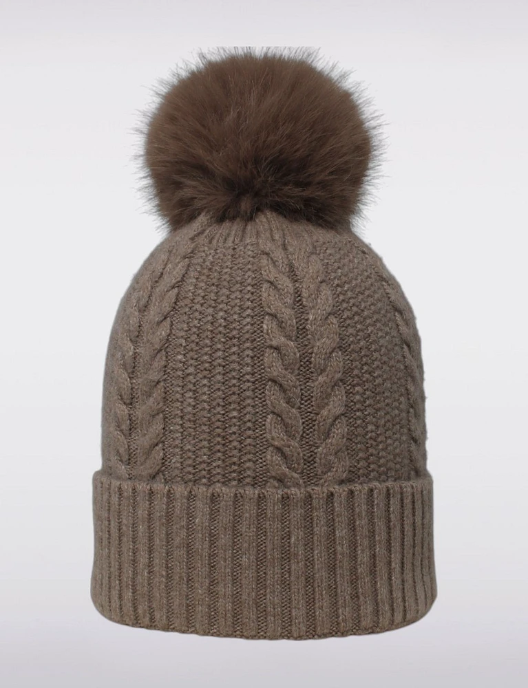 Stylish Turn-Up Brim Cable Knit Beanie with Detachable Faux Fur Pom-Pom by Saki