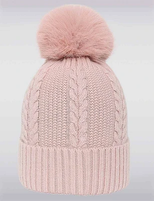 Solid Cable Knit Beanie with Faux Fur Pompom by Saki