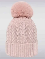 Solid Cable Knit Beanie with Faux Fur Pompom by Saki