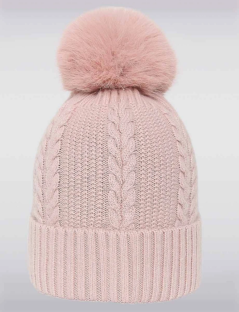 Stylish Turn-Up Brim Cable Knit Beanie with Detachable Faux Fur Pom-Pom by Saki