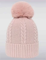 Stylish Turn-Up Brim Cable Knit Beanie with Detachable Faux Fur Pom-Pom by Saki