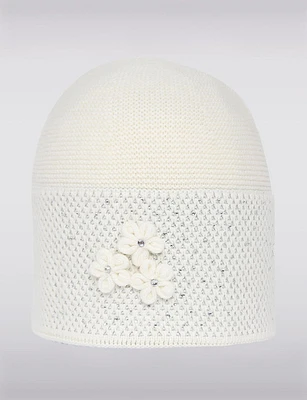 Charming Lined Knit Beanie with Silver Stitching Flower Applique & Studs by Saki