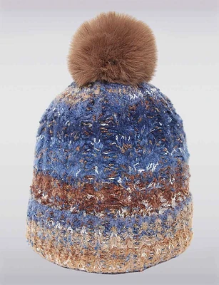 Multicolor Ribbed Cable-Knit Beanie with Plush Lining & Faux Fur Pompom by Saki