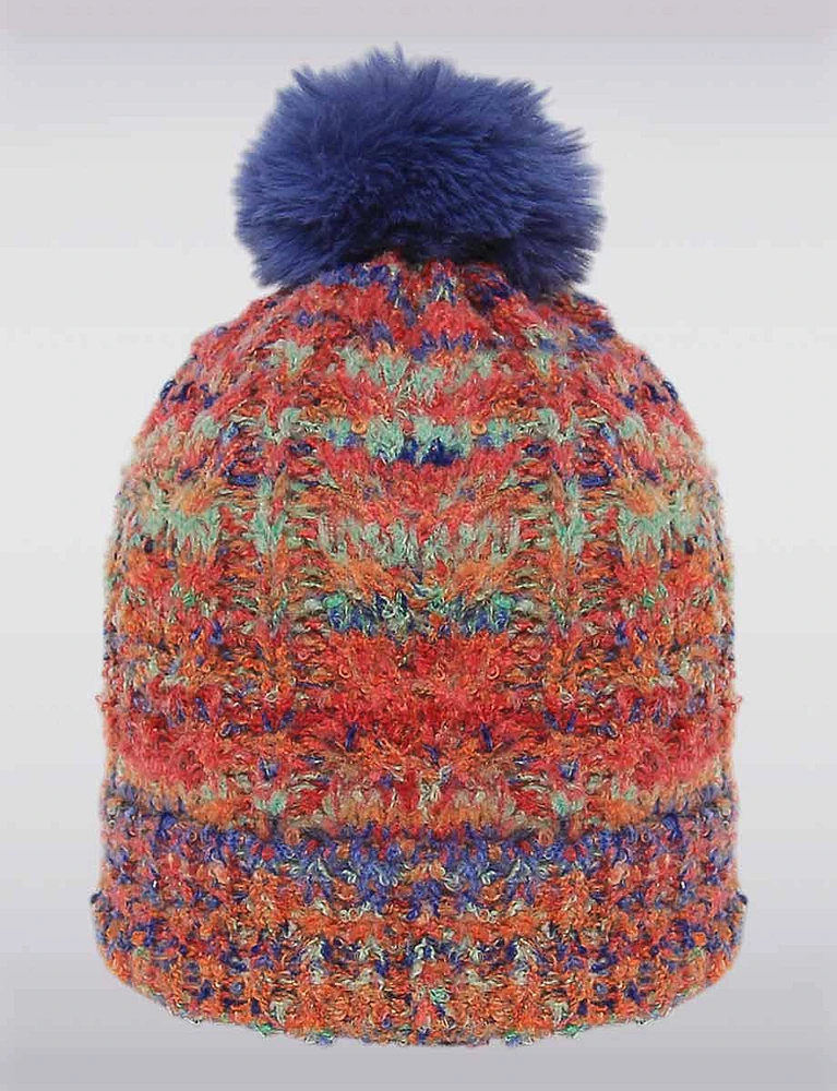 Multicolor Ribbed Cable-Knit Beanie with Plush Lining & Faux Fur Pompom by Saki