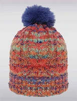 Multicolor Ribbed Cable-Knit Beanie with Plush Lining & Faux Fur Pompom by Saki