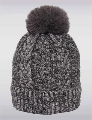 Lush Faux Fur-Lined Chunky Cable Knit Beanie With Rolled Brim & Pom-Pom by Saki