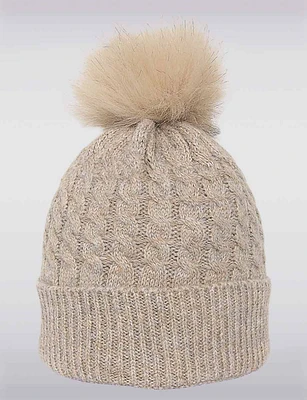 Faux Fur-Lined Cable Knit Beanie with Faux Fur Pom-Pom & Turned-Up Brim by Saki