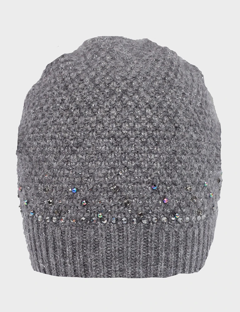 Rhinestone and Beaded Knit Beanie with Silver Stitching by Saki