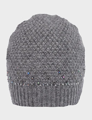 Rhinestone and Beaded Knit Beanie with Silver Stitching by Saki