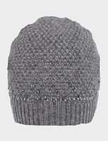 Rhinestone and Beaded Knit Beanie with Silver Stitching by Saki