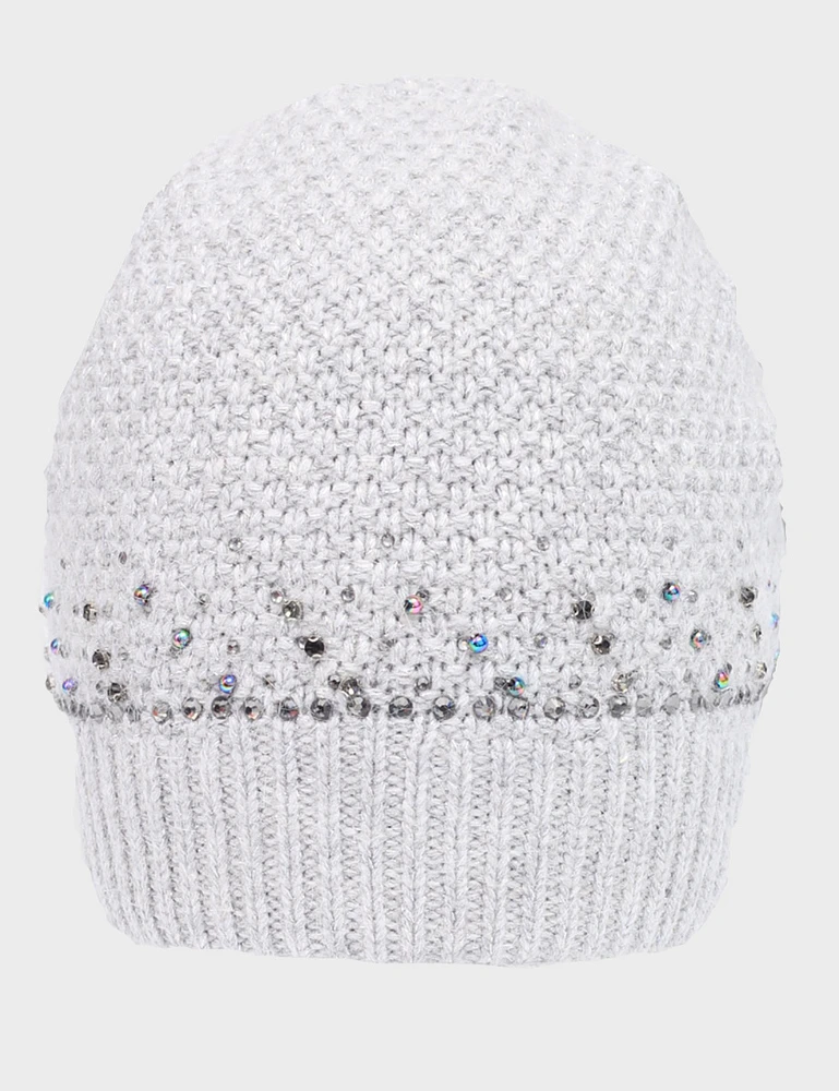 Rhinestone and Beaded Knit Beanie with Silver Stitching by Saki