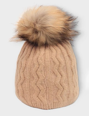 Cozy Versatility Cable Knit Beanie With Detachable Genuine Fur Pom-Pom