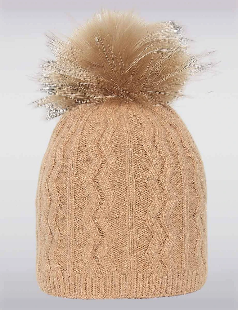 Cozy Versatility Cable Knit Beanie With Detachable Genuine Fur Pom-Pom