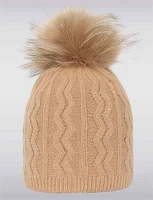 Cozy Versatility Cable Knit Beanie With Detachable Genuine Fur Pom-Pom