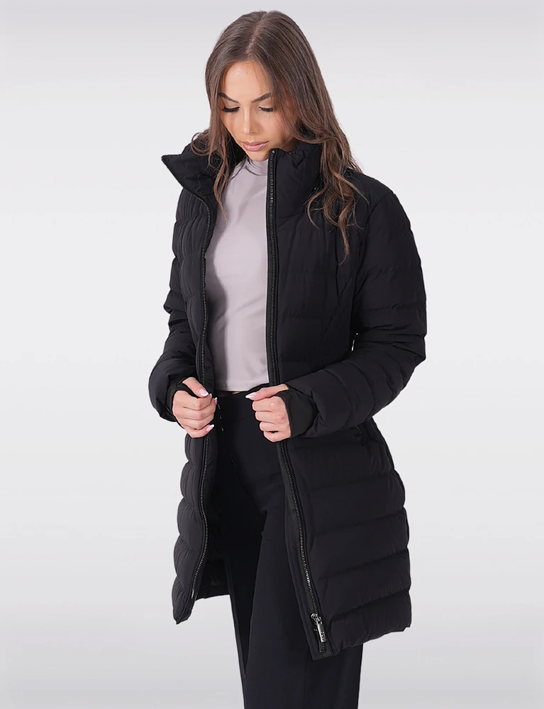 Dual Quilted Fitted Long Down Zip Front Detachable Hood Puffer Jacket by Sicily