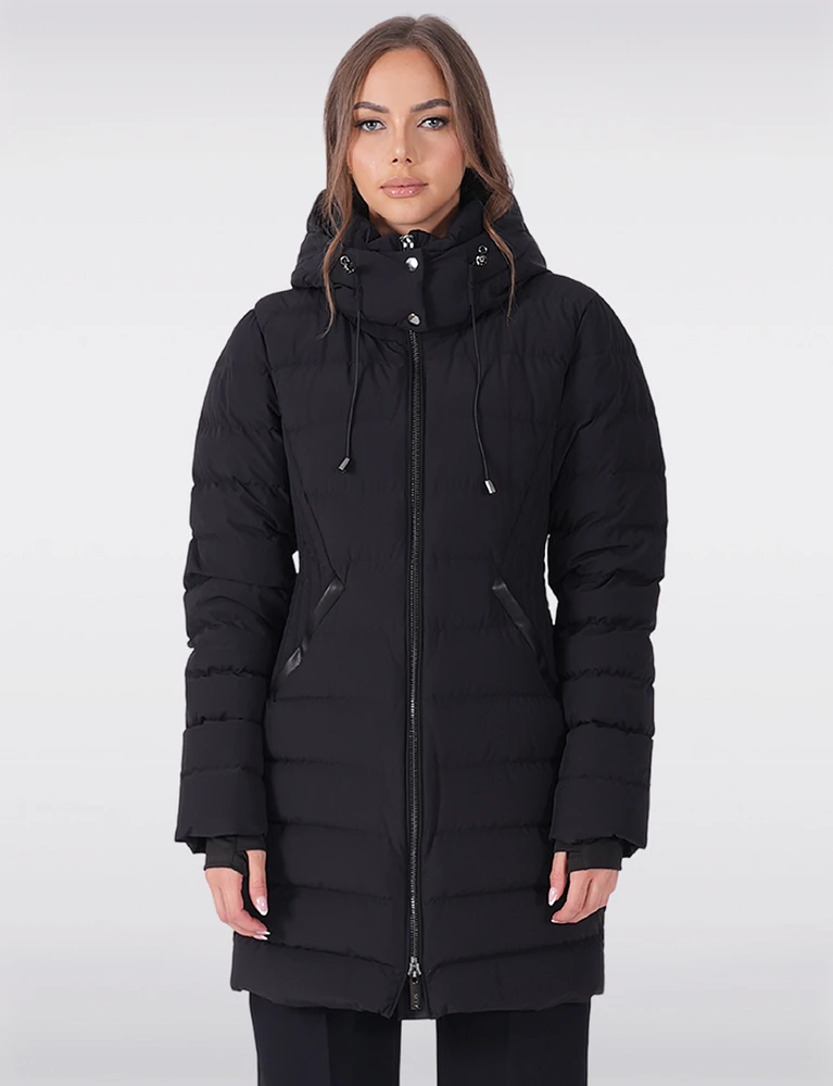 Dual Quilted Fitted Long Down Zip Front Detachable Hood Puffer Jacket by Sicily